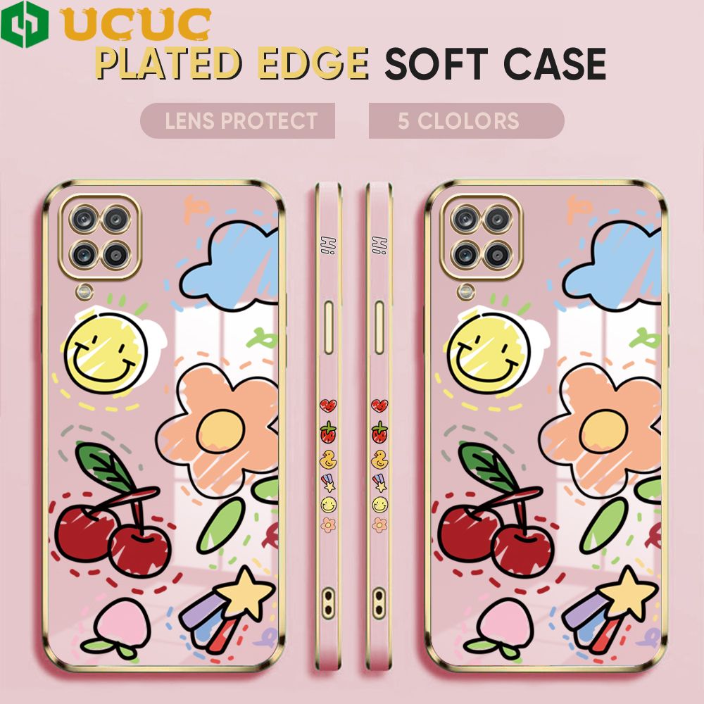 UCUC for Samsung Galaxy A12 5G Cover Fruit Doodle Luxury 6D Plating Soft Casing Silicone Square Frame Phone Case Shiny Bling Back Cover + Free Lanyard
