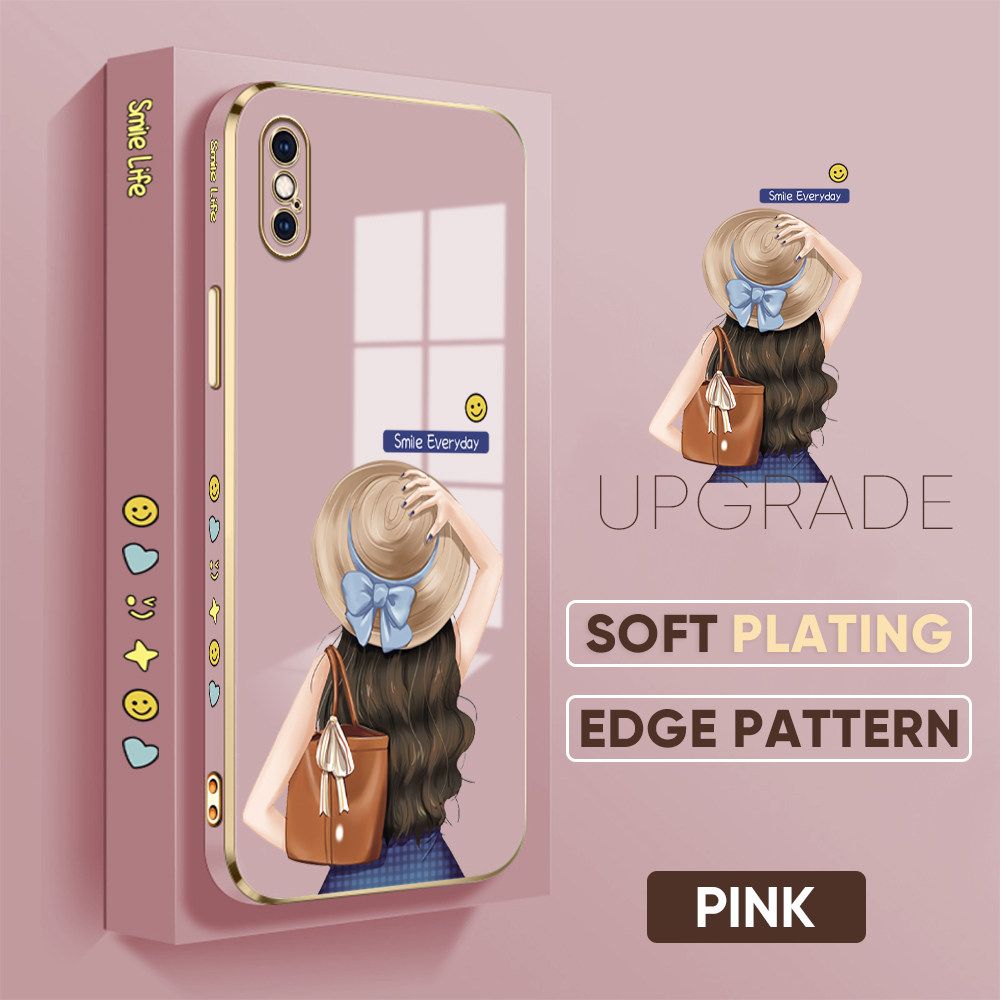 Jizetin (Free Lanyard) iPhone XS MAX Back Cover Girl In Hat Luxury 6D Plating Case Side Pattern Soft Silicone Square Mobile Phone Cases