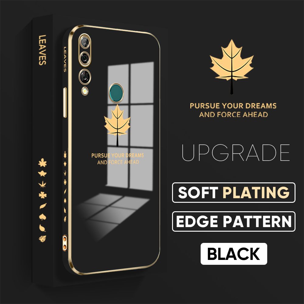 Jizetin (Free Lanyard) Huawei Y9 Prime 2019 Cover Maple Leaf Luxury 6D Plating Soft Casing Silicone Square Frame Phone Case Shiny Bling Back Cover