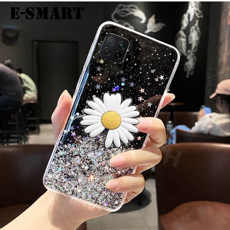 Phone Case Samsung Galaxy A12 Transparent Bling Glitter Cases Soft Clear Shining Sequin Back Cover with Daisy Flowers Folding Samsung A12 Case