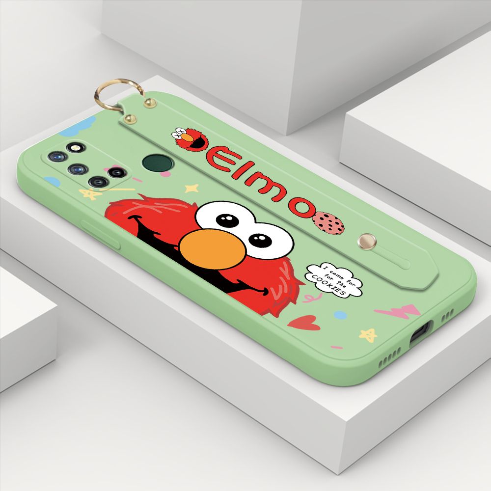 ZeroQiQi for Realme 7I Wrist Strap Case Cute Cute Cartoon Little Monster Phone Cover Square Edge Liquid Silicone Case Full Cover Camera Shockproof Protective Cases
