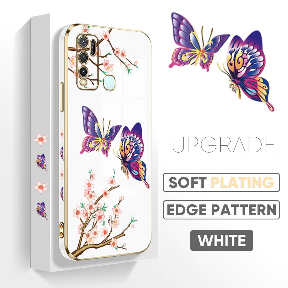 Jizetin (Free Lanyard) Vivo Y50 Y30 Y30i Back Cover Peach Blossom and Butterfly Luxury 6D Plating Case Side Pattern Soft Silicone Square Mobile Phone Cases