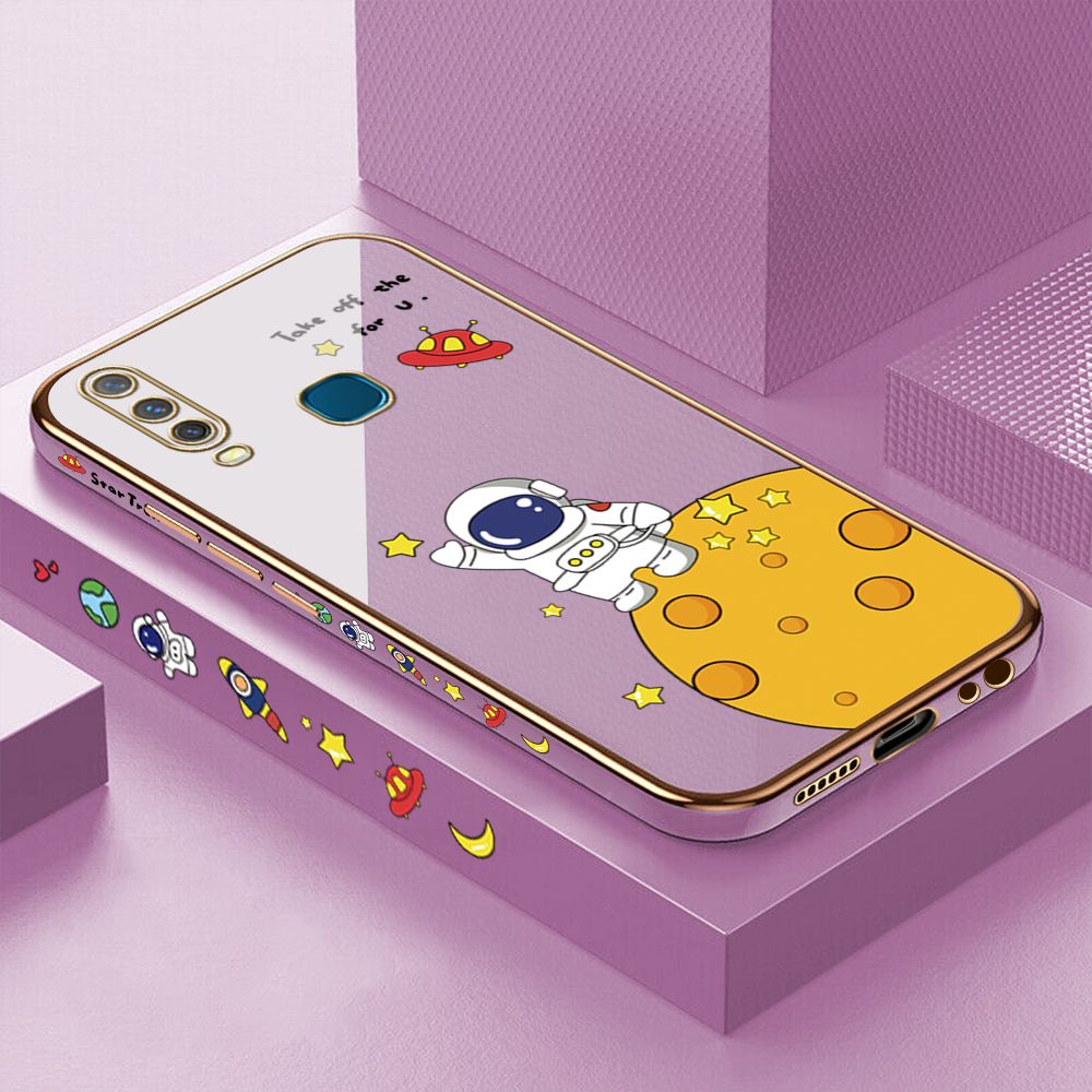 Luxury 6D Plating Case for Vivo Y17 Cute Cartoon Happy Astronaut Side Pattern Back Cover Soft Silicone Square Frame Shiny Bling Phone Cases + Free Lanyard