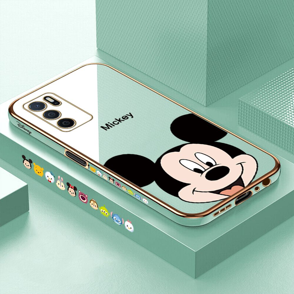 Luxury 6D Plating Case for OPPO A16 Cartoon Big Head Mouse Side Pattern Back Cover Soft Silicone Square Phone Cases + Free Lanyard