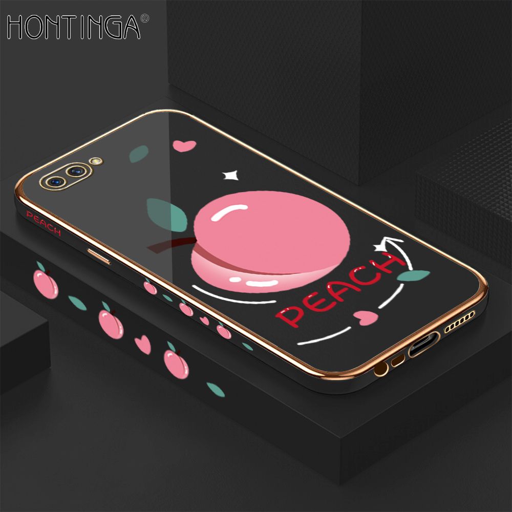 Hontinga for OPPO A3S A12E Realme C1 Case Luxury 6D Plating Soft Casing Silicone Square Frame Phone Cover Shiny Bling Side Print Cartoon Simple Peach Cases