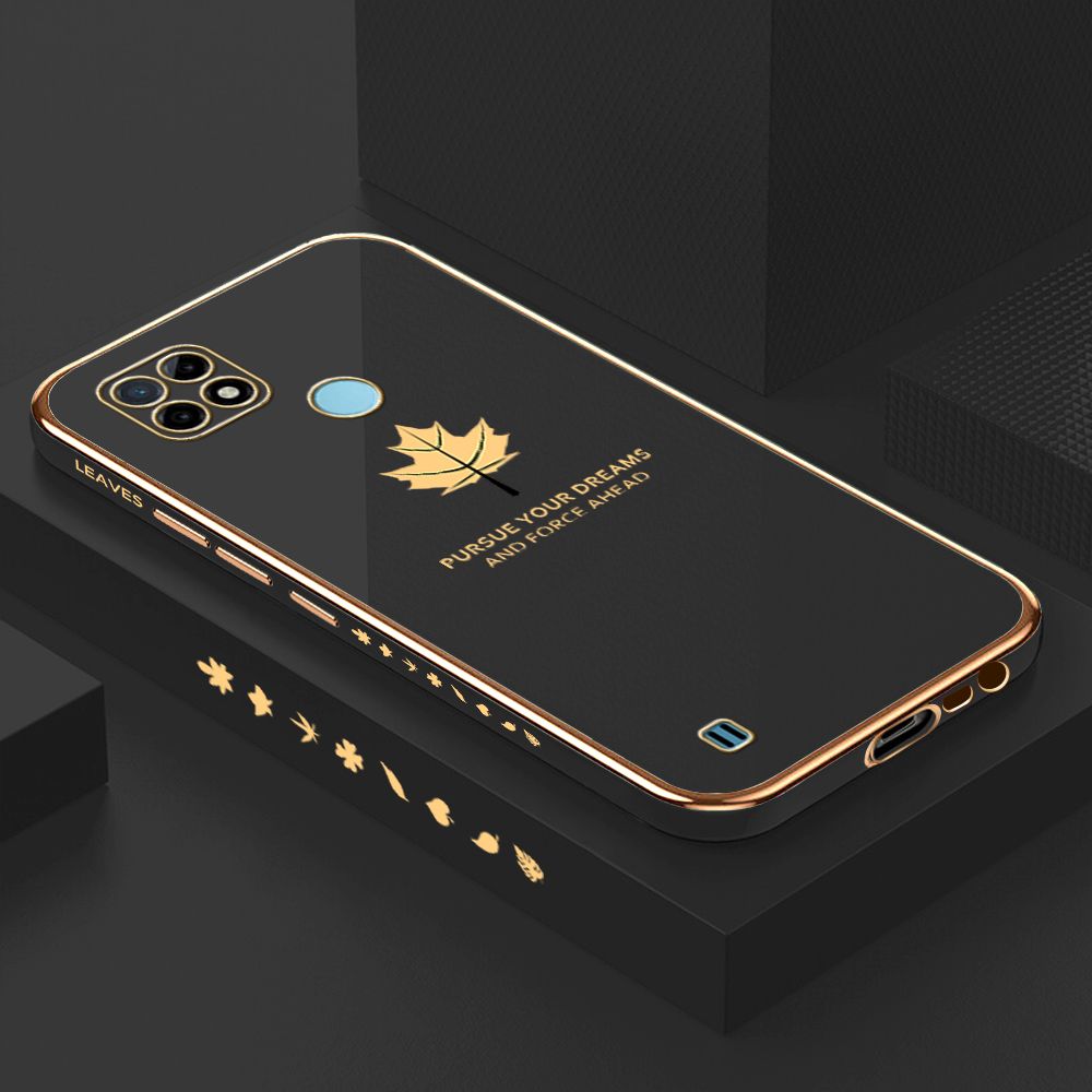 Luxury 6D Plating Case for Realme C21Y Maple Leaf Side Pattern Back Cover Soft Silicone Square Phone Cases + Free Lanyard