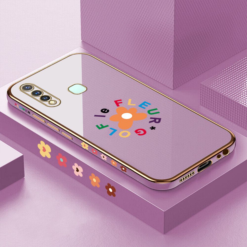Luxury 6D Plating Case for Vivo Y19 Cartoon Flower Side Pattern Back Cover Soft Silicone Square Frame Shiny Bling Phone Cases + Free Lanyard