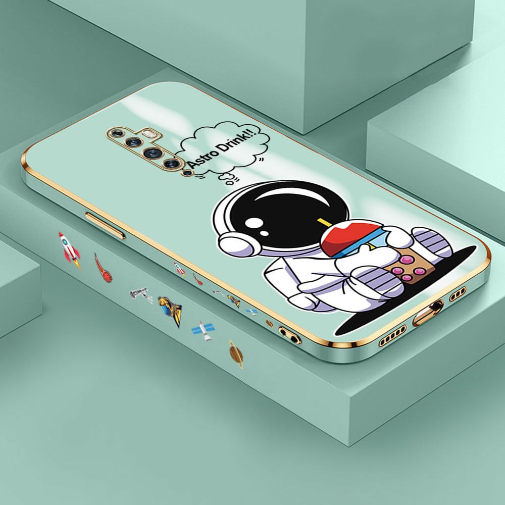 Jizetin (Free Lanyard) OPPO Reno2 F / Reno2 Z Case Cute Cartoon Drink Astronaut Luxury 6D Plating Soft Casing Silicone Ultra Thin Phone Cover