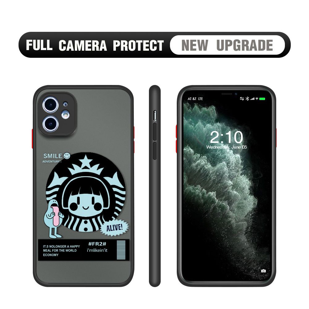 Hontinga for iPhone 12 Case Cute Coffee Girl Camera Shockproof Protection Casing Edge Frosted Transparent Phone Cover