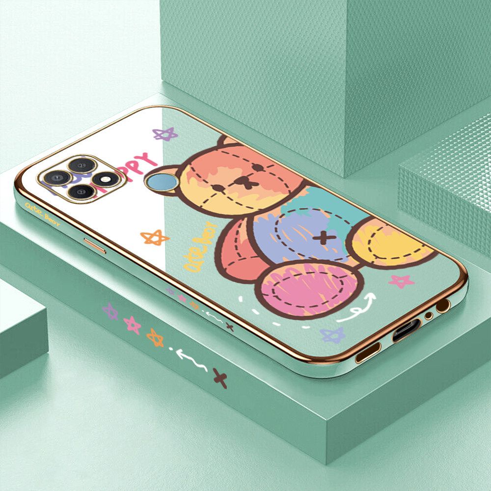 Luxury 6D Plating Case for OPPO A15S Color Cartoon Doll Bear Side Pattern Back Cover Soft Silicone Square Frame Shiny Bling Phone Cases + Free Lanyard
