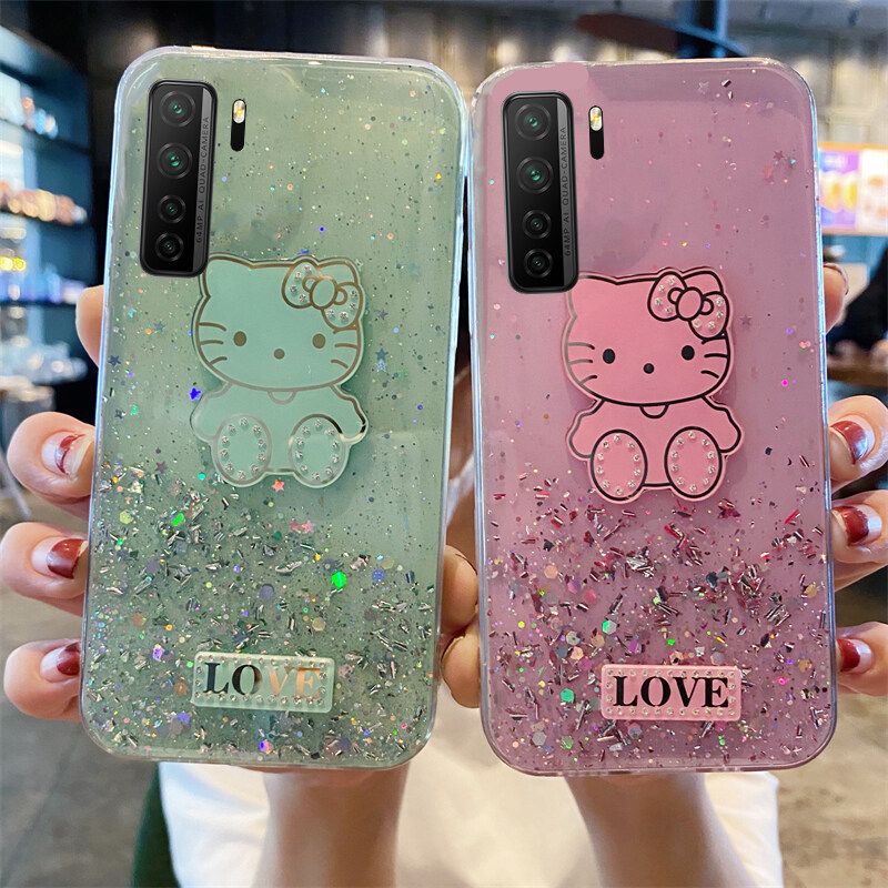 Phone case Huawei Nova 7SE Shiny Ring Case Glitter Soft Transparent Hello Kitty Cases For Huawei Nova7 SE Back Cover Stars Moon Girls