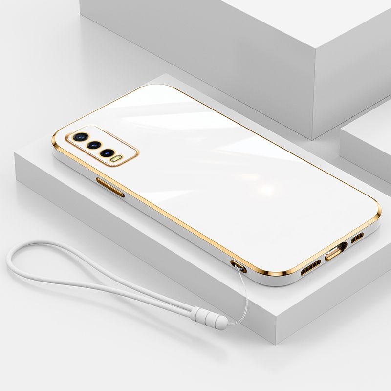 For Vivo Y12A Cover with Wrist Strap Fashion Shiny Plating Square Bumper Girls Phone Case Soft TPU Silicone Shockproof Protective Back Cover