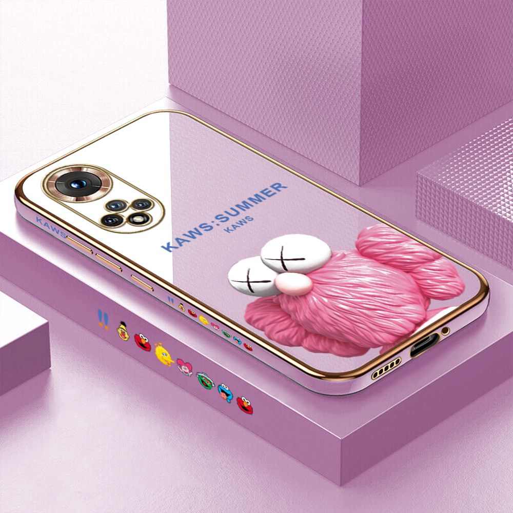 Luxury 6D Plating Case for Honor 50 Pink Doll Side Pattern Back Cover Soft Silicone Square Phone Cases + Free Lanyard