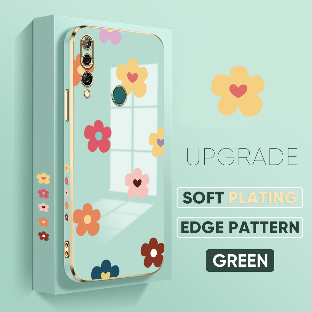 Jizetin (Free Lanyard) Huawei Y9 Prime 2019 Cover Falling Flowers Luxury 6D Plating Soft Casing Silicone Square Frame Phone Case Shiny Bling Back Cover