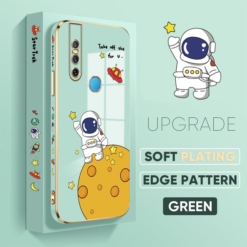 Jizetin (Free Lanyard) Vivo V15 Cover Astronaut Planet Luxury 6D Plating Soft Casing Silicone Square Frame Phone Case Shiny Bling Back Cover
