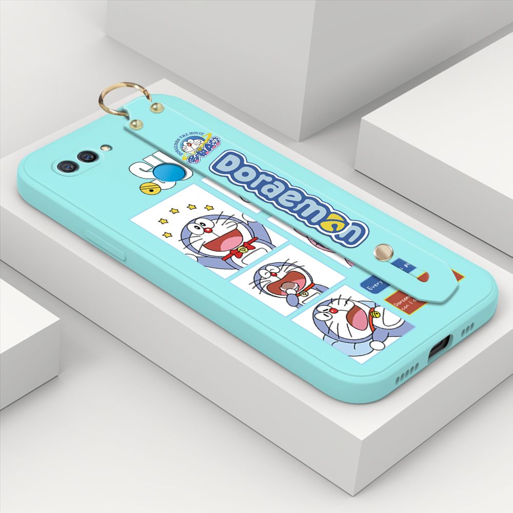 ZeroQiQi for OPPO A12 Wrist Strap Case Cute Cute Cartoon Blue Cat Daily Life Cover Square Edge Liquid Silicone Creative Phone Protective Cases