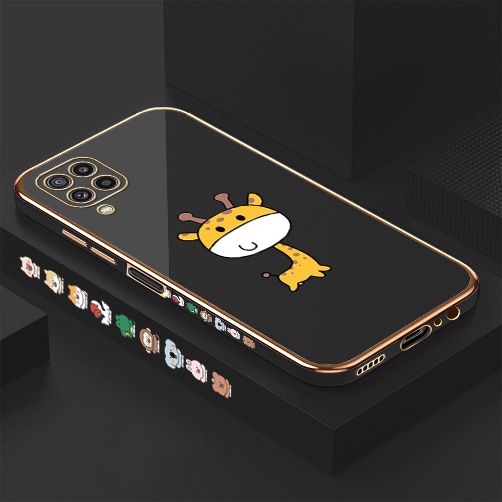 Luxury 6D Plating Case for Samsung M32 Cute Giraffe Side Pattern Back Cover Soft Silicone Square Phone Cases + Free Lanyard