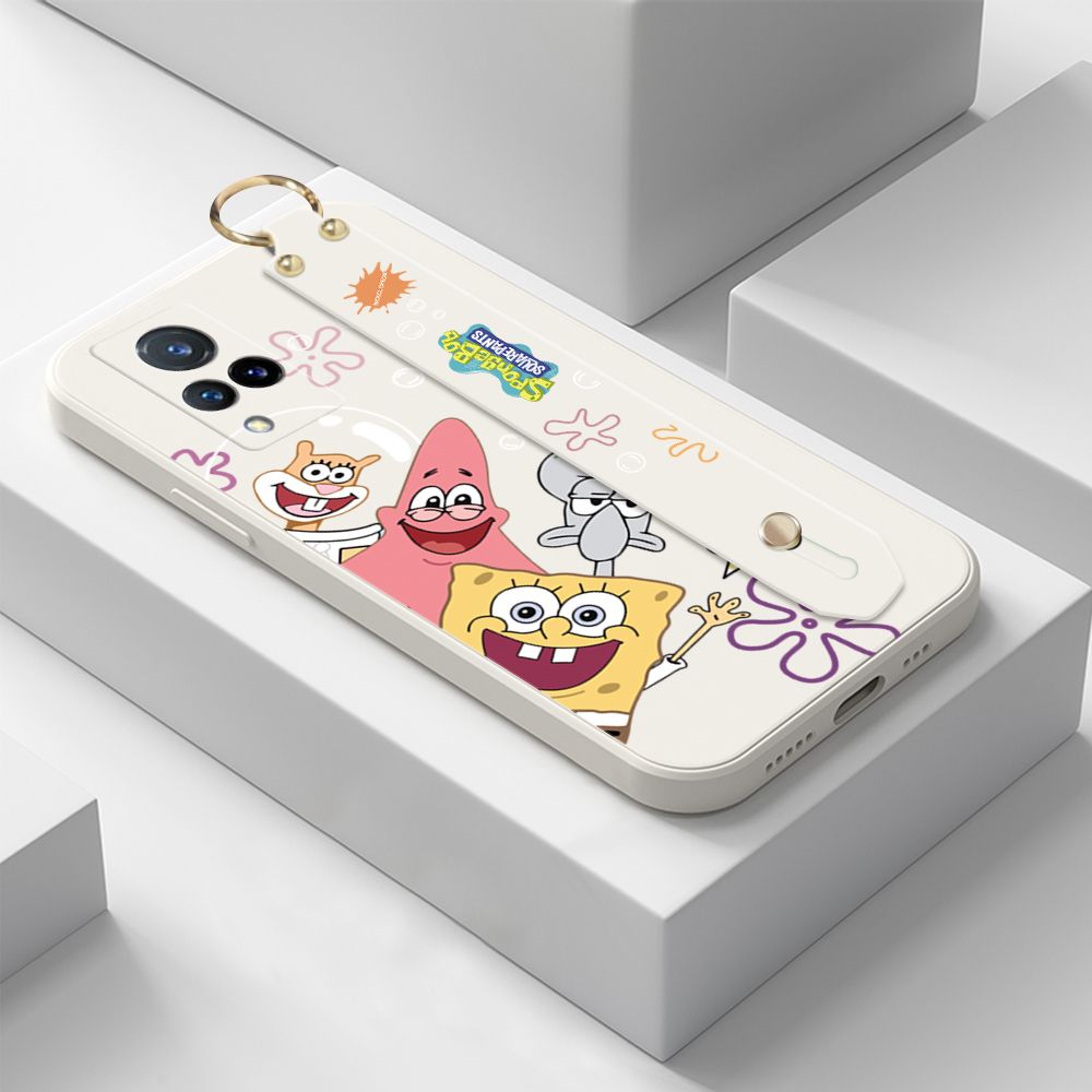 ZeroQiQi for Vivo V21 5G Wrist Strap Case Cute Cute Funny Cartoon Sponge for Square Pants Cover Square Edge Liquid Silicone Anti-drop Phone Case