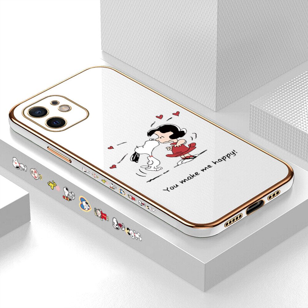 Luxury 6D Plating Case for iPhone 12 Happy Cartoon Puppy Side Pattern Back Cover Soft Silicone Square Frame Shiny Bling Phone Cases + Free Lanyard