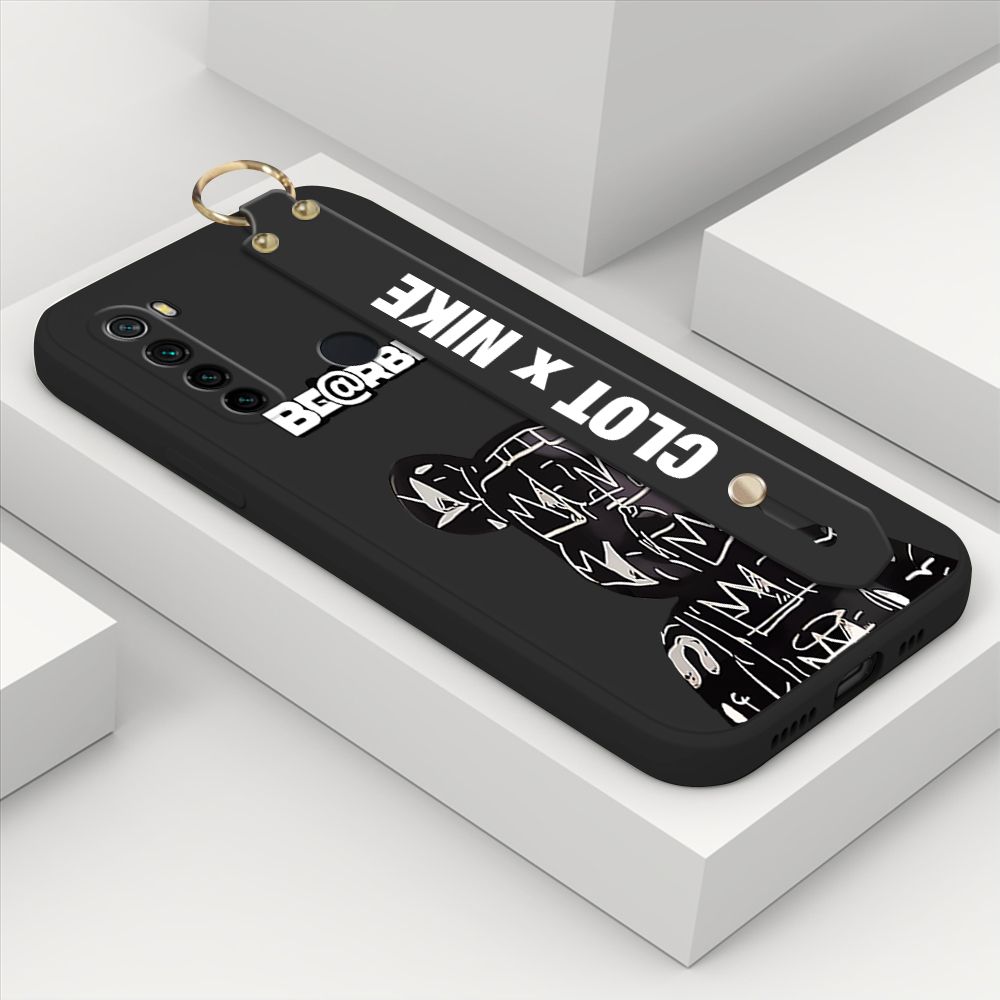 ZeroQiQi for Xiaomi Redmi Note 8 Wrist Strap Case Fashion Black Brand Bear Phone Case Square Edge Liquid Silicone Cases Full Cover Camera Shockproof Protection Cases