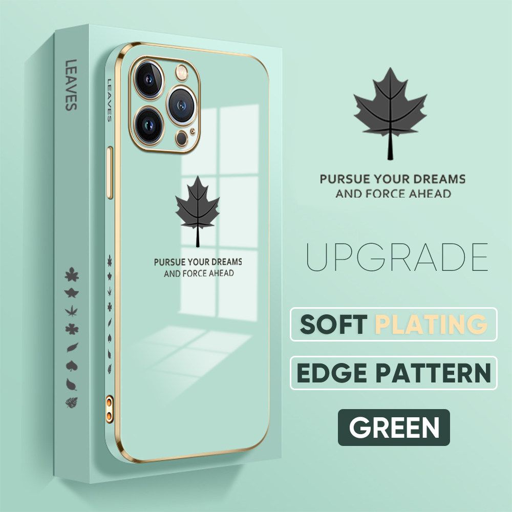 TA for iPhone 13 Pro Max Back Cover + Free Lanyard Maple Leaf Luxury 6D Plating Case Side Pattern Soft Silicone Square Phone Cases