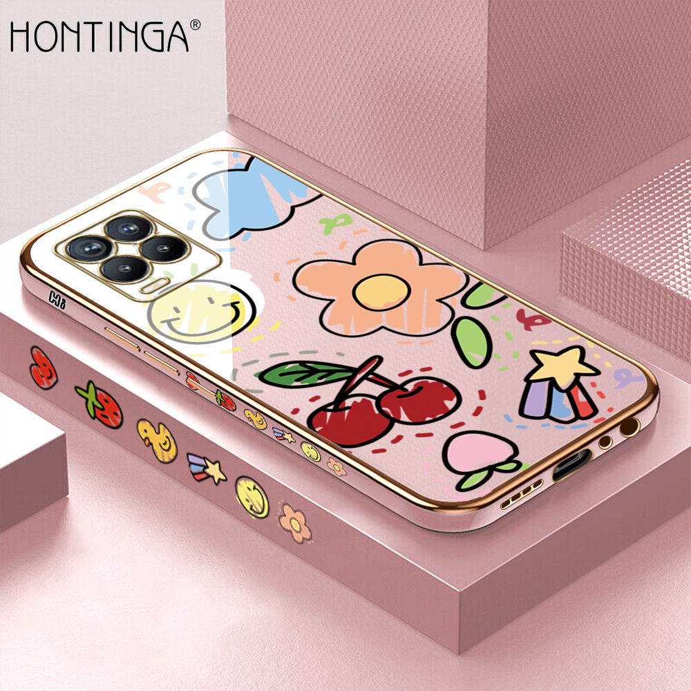 Hontinga for Realme 8 4G / 8 Pro Back Cover + Free Lanyard Luxury 6D Plating Cartoon Cherry Peach Side Pattern Case Soft Silicone Square Mobile Cover
