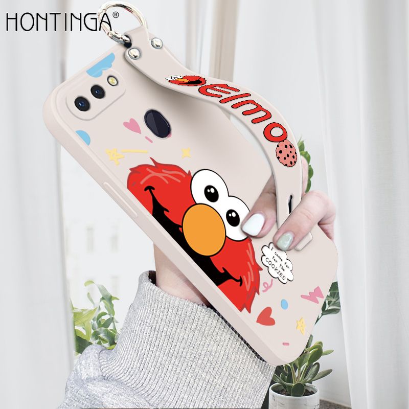 Hontinga for OPPO R15 Wrist Strap Case Cute Cute Cartoon Little Monster Phone Cover Square Edge Liquid Silicone Case Full Cover Camera Shockproof Protective Cases