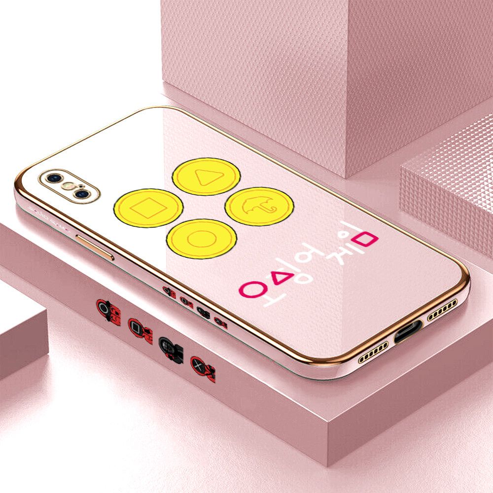 Luxury 6D Plating Soft Casing Silicone Square Frame Phone Case For iPhone X Case Shiny Bling Back Cover Popular Game Patterns Square Edge Pattern Design Soft Case + Free Lanyard