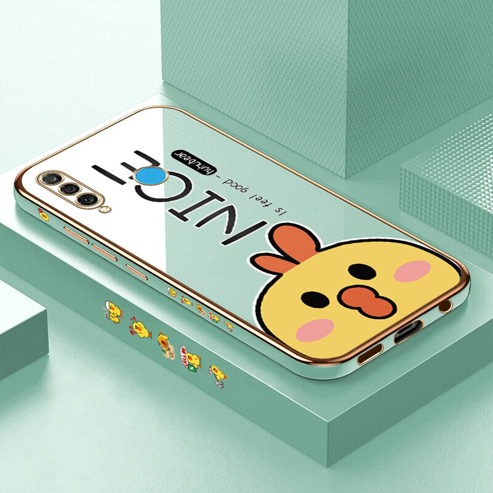 Luxury 6D Plating Case for Huawei P30 Lite Cute Cartoon Chicken Side Pattern Back Cover Soft Silicone Square Frame Shiny Bling Phone Cases + Free Lanyard