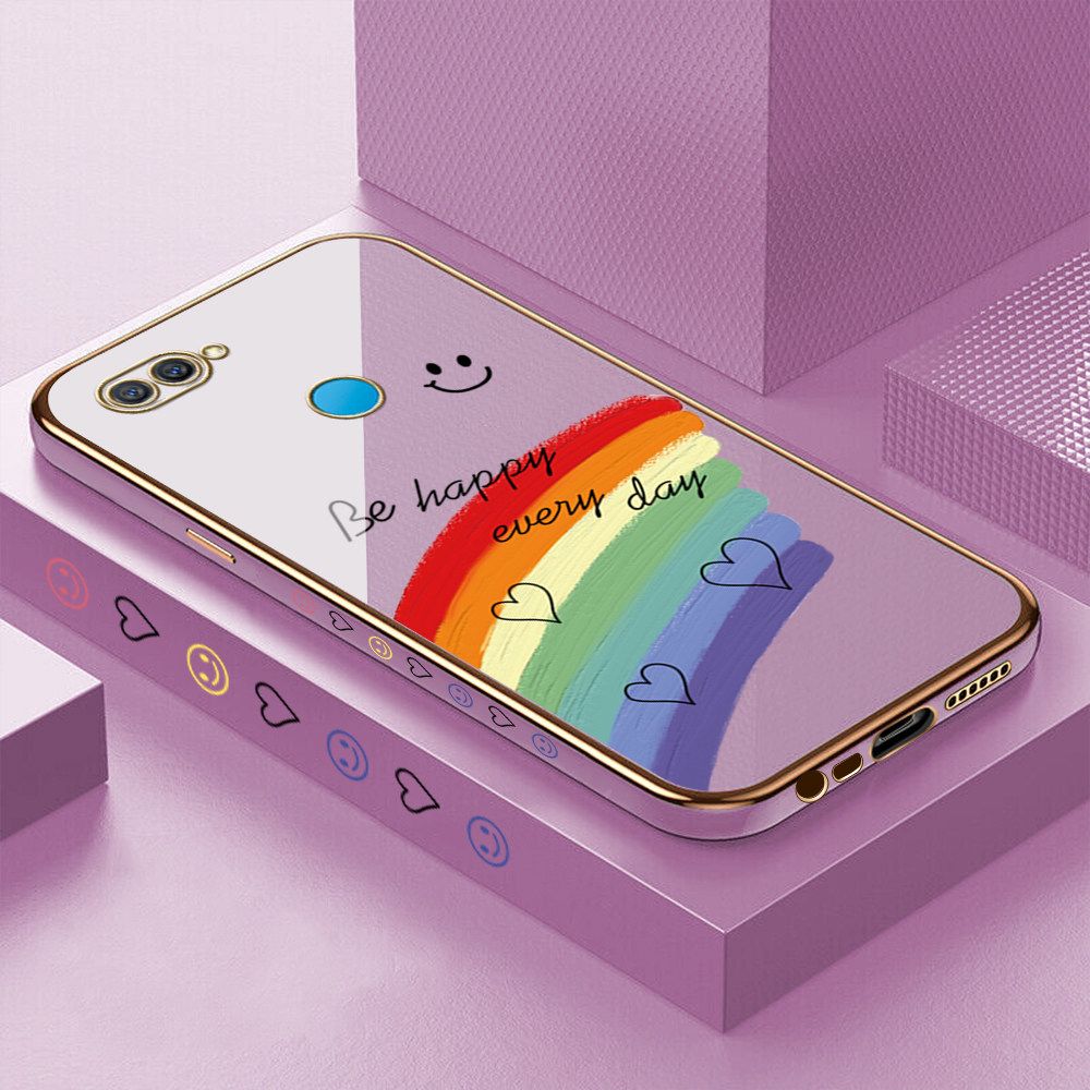 Luxury 6D Plating Case for OPPO A7 Smile Rainbow Lover Heart Side Pattern Back Cover Soft Silicone Square Frame Shiny Bling Phone Cases + Free Lanyard