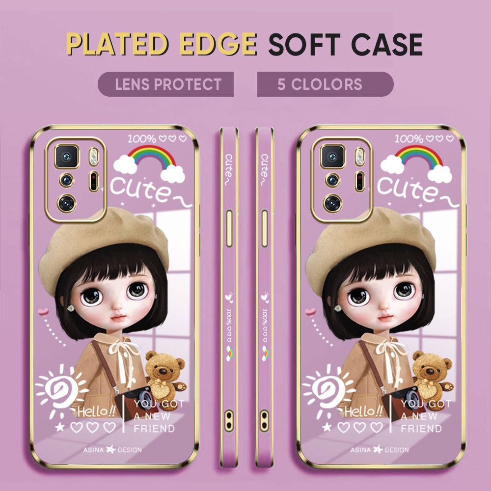 Luxury 6D Plating Case for Xiaomi Poco X3 GT Phone Cases Satchel Girl Side Print Soft Silicone Square Back Cover