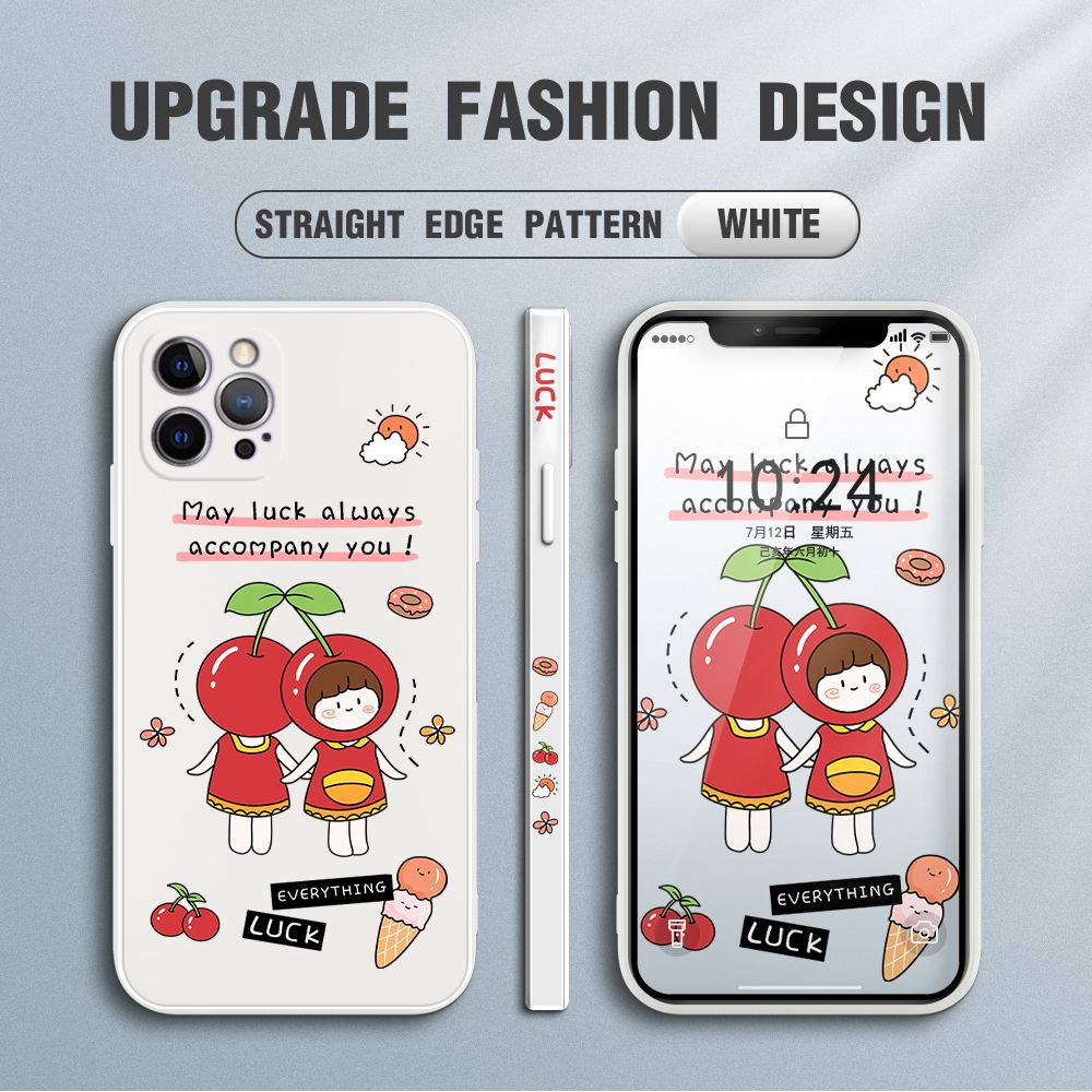 Jizetin for iPhone 12 Pro Max Case Fashion Cherry Girl Design Side Design Phone Case Square Edge Pattern Liquid Silicone Cases Full Cover Camera Shockproof Protective Case
