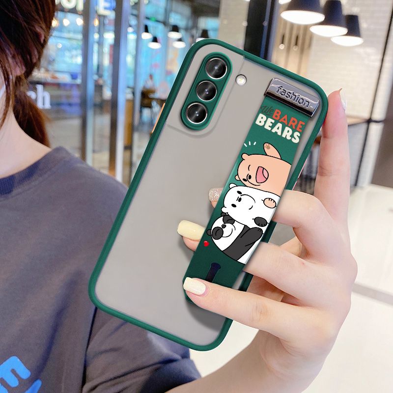 UCUC for Samsung Galaxy S21 5G Wrist Strap Case Cute Cartoon Three Little Bears Wristband Printing Cover Shockproof Frosted Phone Case