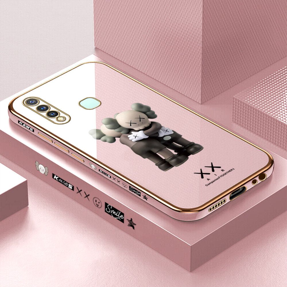 Luxury 6D Plating Case for Vivo Y19 Embrace Cartoon Bear Side Pattern Back Cover Soft Silicone Square Frame Shiny Bling Phone Cases + Free Lanyard