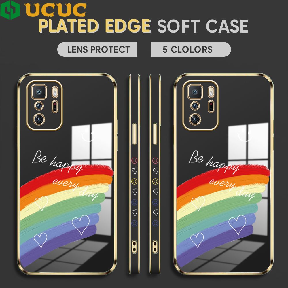 UCUC for Xiaomi Poco X3 GT Back Cover + Free Lanyard Rainbow Doodle Luxury 6D Plating Case Side Pattern Soft Silicone Square Phone Cases
