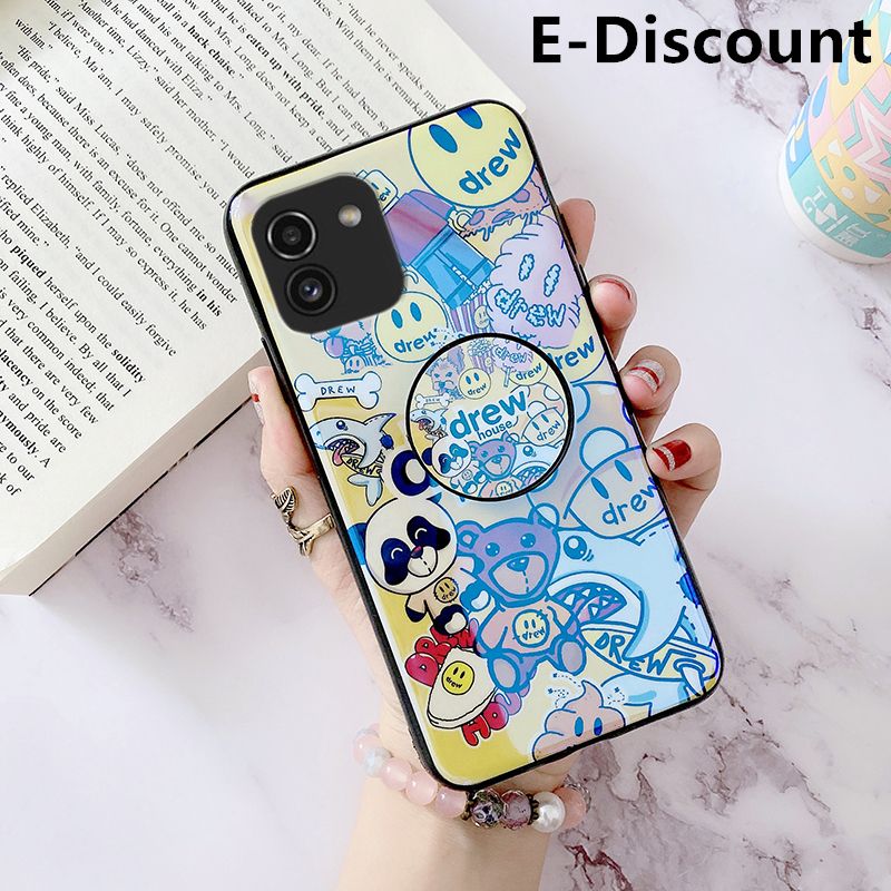 For Samsung Galaxy A03 Case With Jack Bracket Holder stand ring Fashion Cartoon Smile Face Blue Light Silicone Soft Cases Cover Samsung A03 Back Cover
