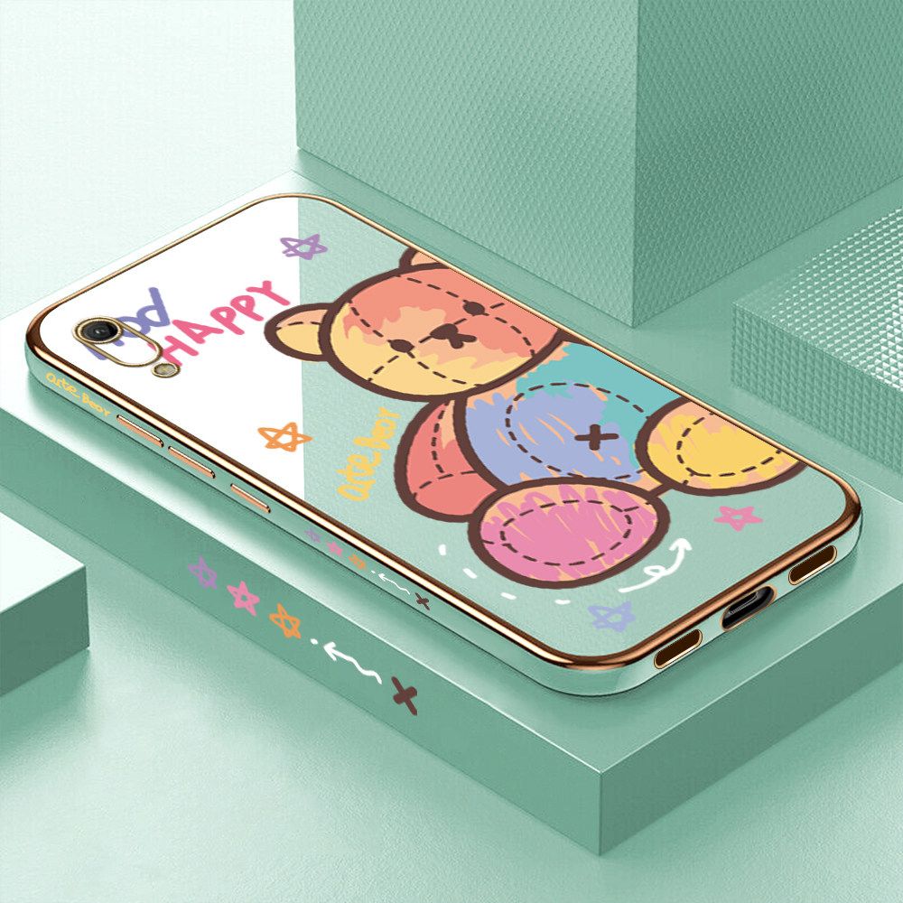 Luxury 6D Plating Case for Huawei Y6 Pro 2019 Color Cartoon Doll Bear Side Pattern Back Cover Soft Silicone Square Frame Shiny Bling Phone Cases + Free Lanyard