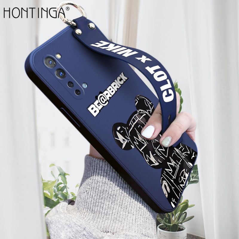 Hontinga for OPPO Reno3 5G Wrist Strap Case Fashion Black Brand Bear Phone Case Square Edge Liquid Silicone Cases Full Cover Camera Shockproof Protection Cases