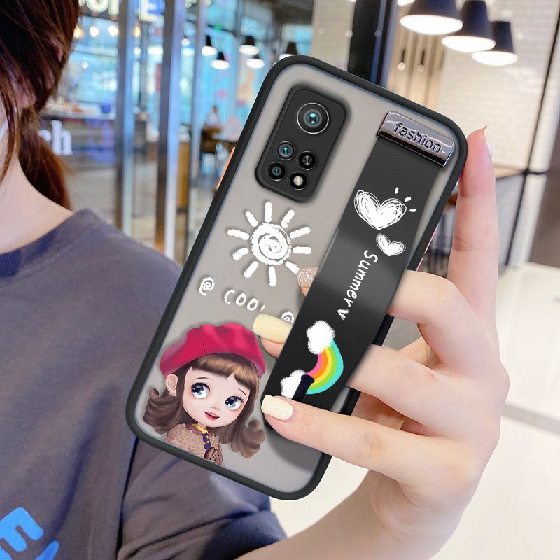 UCUC for Xiaomi Mi 10T Pro Wrist Strap Case Lovely Cartoon Red Hat Girl Wristband Printing Cover Shockproof Frosted Phone Case