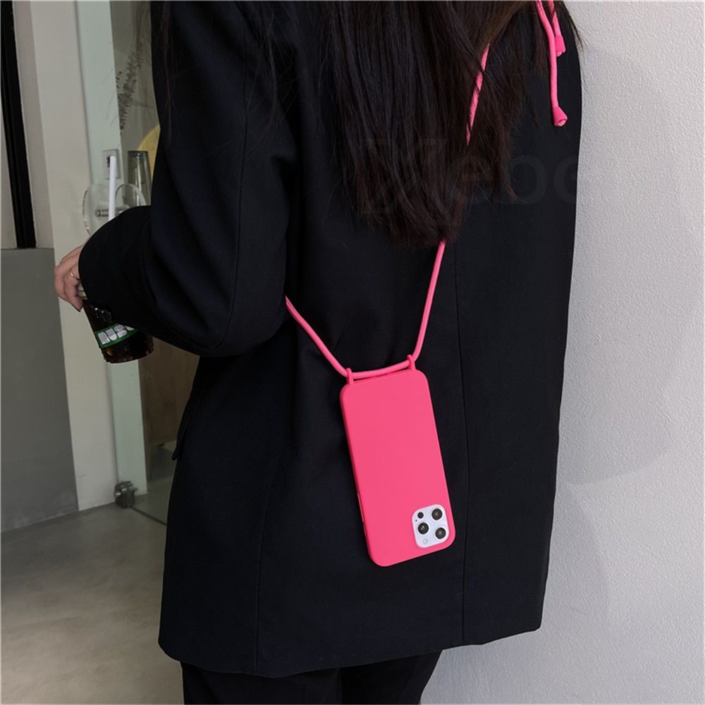 Official Liquid Silicone Crossbody Necklace Lanyard Phone Case For iPhone 13 11 12 Pro Max Mini XS X XR 6 7 8 Plus SE Soft Cover