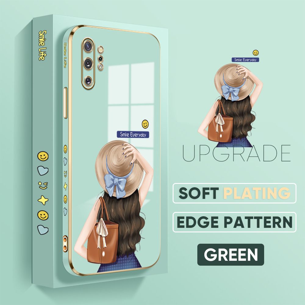 Jizetin (Free Lanyard) Samsung Galaxy Note 10 Plus / Note 10 Plus 5G Back Cover Girl In Hat Luxury 6D Plating Case Side Pattern Soft Silicone Square Mobile Phone Cases