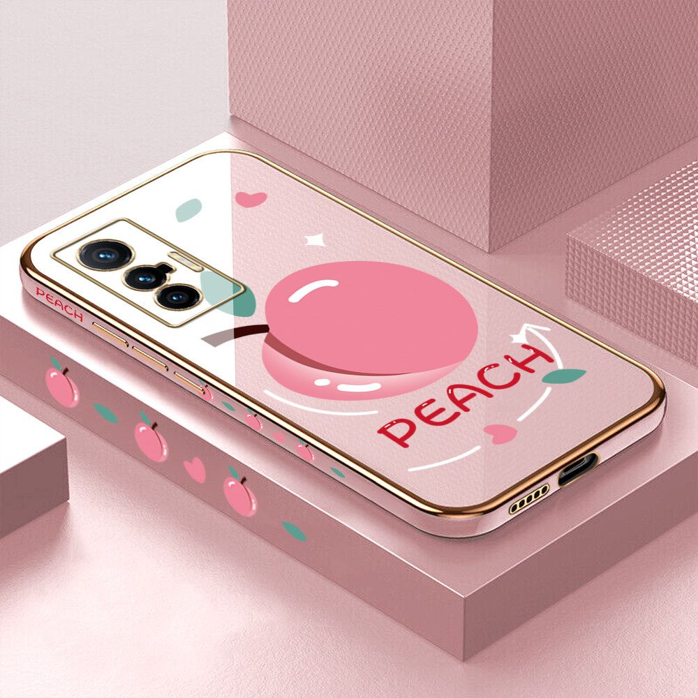 Luxury 6D Plating Case for Vivo X70 5G Cartoon Simple Peach Side Pattern Back Cover Soft Silicone Square Frame Shiny Bling Phone Cases + Free Lanyard