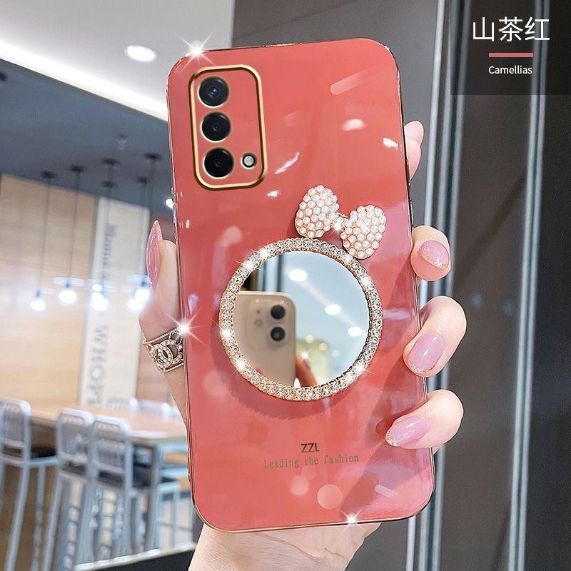 For OPPO A74 4G Case, with  Shiny Cute Bowknot Makeup Mirror Slim Luxury Plating Soft Phone Casing Shockproof Soft Silicone Bumper Protective Back Cover Girl Woman Cases