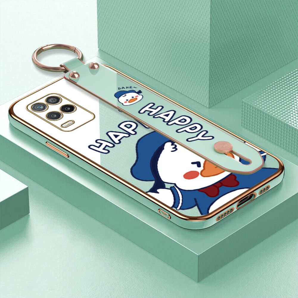 TA for Realme 8 5G Wrist Strap Back Cover Cute Duck Fashion Luxury 6D Plating Soft Casing Silicone Square Frame Phone Case