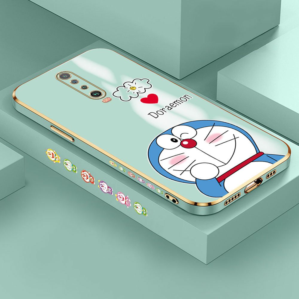 Hontinga for Redmi K30 Case Luxury 6D Plating Soft Casing Silicone Square Frame Phone Cover Shiny Bling Side Print Grinning Cartoon Cat Cases