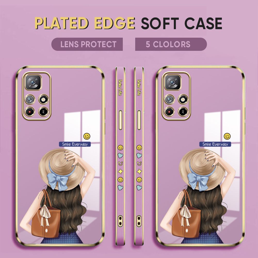 Luxury 6D Plating Case for Redmi Note 11 5G / Xiaomi Poco M4 Pro 5G Back Cover Cartoon Hat Girl Side Pattern Soft Silicone Square Phone Cases