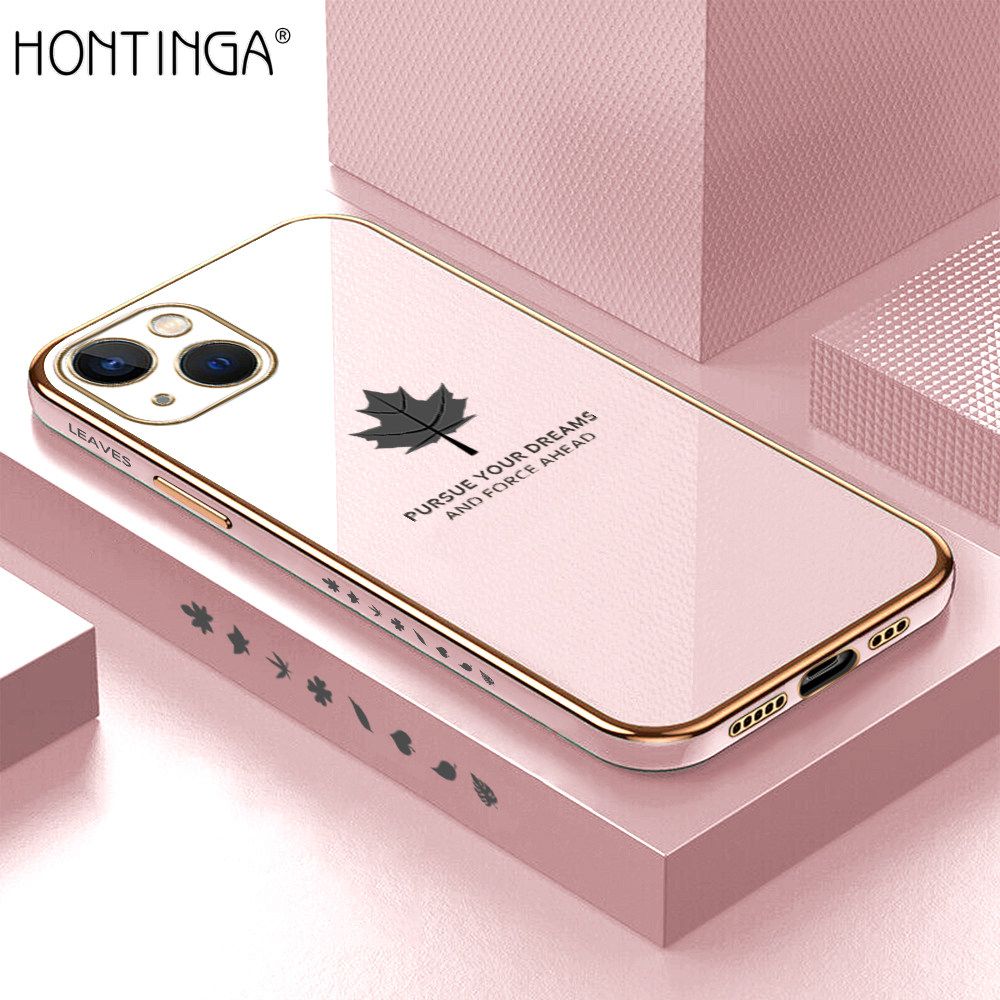 Hontinga for iPhone 13 Back Cover + Free Lanyard Luxury 6D Plating Shiny Maple leaf Phone Case Soft Silicone Square Mobile Cover