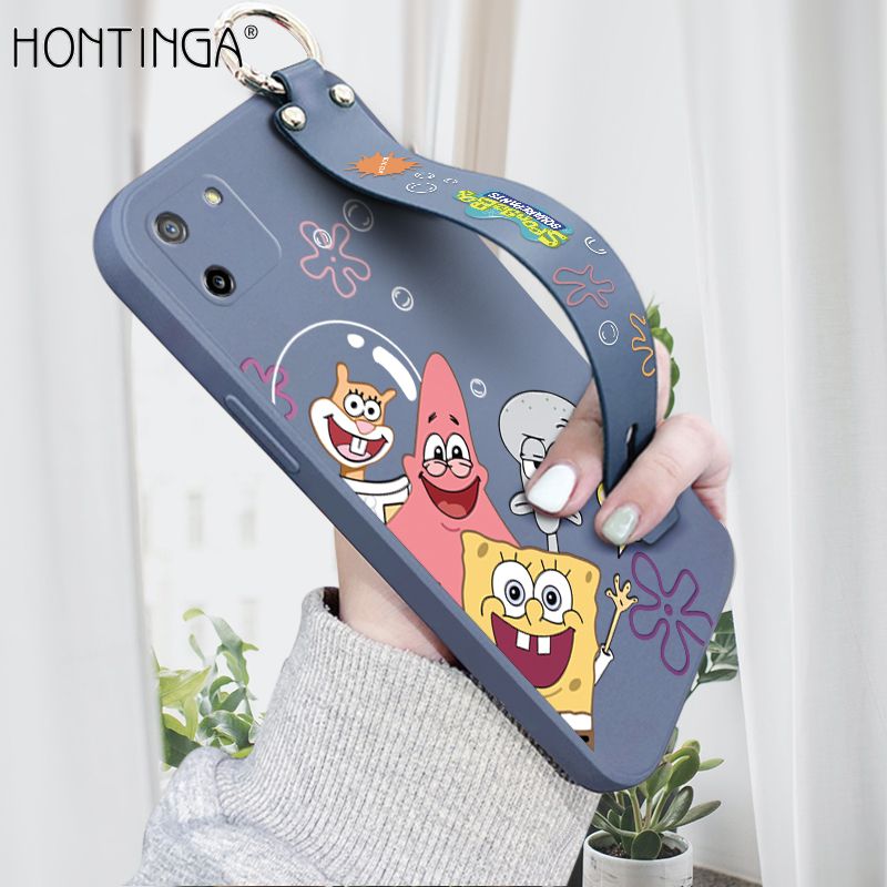 Hontinga for Realme C11 Wrist Strap Case Cute Cute Funny Cartoon Sponge for Square Pants Cover Square Edge Liquid Silicone Anti-drop Phone Case