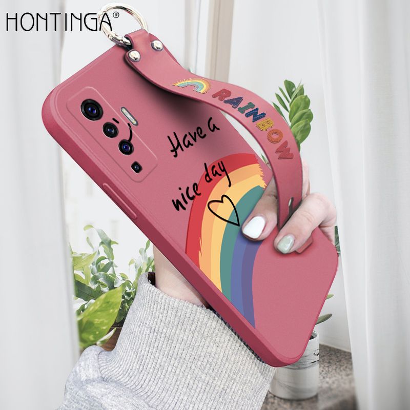 Hontinga for Vivo X50 5G Wrist Strap Case Lovely Graffiti Rainbow Smile Thin Phone Cover Square Edge Liquid Silicone Creativity Phone Case