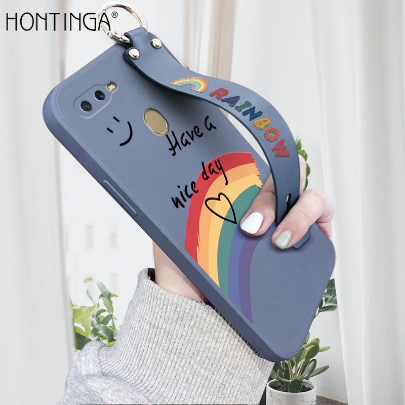 Hontinga for A5S A7 A12 A12S Wrist Strap Case Lovely Graffiti Rainbow Smile Thin Phone Cover Square Edge Liquid Silicone Creativity Phone Case